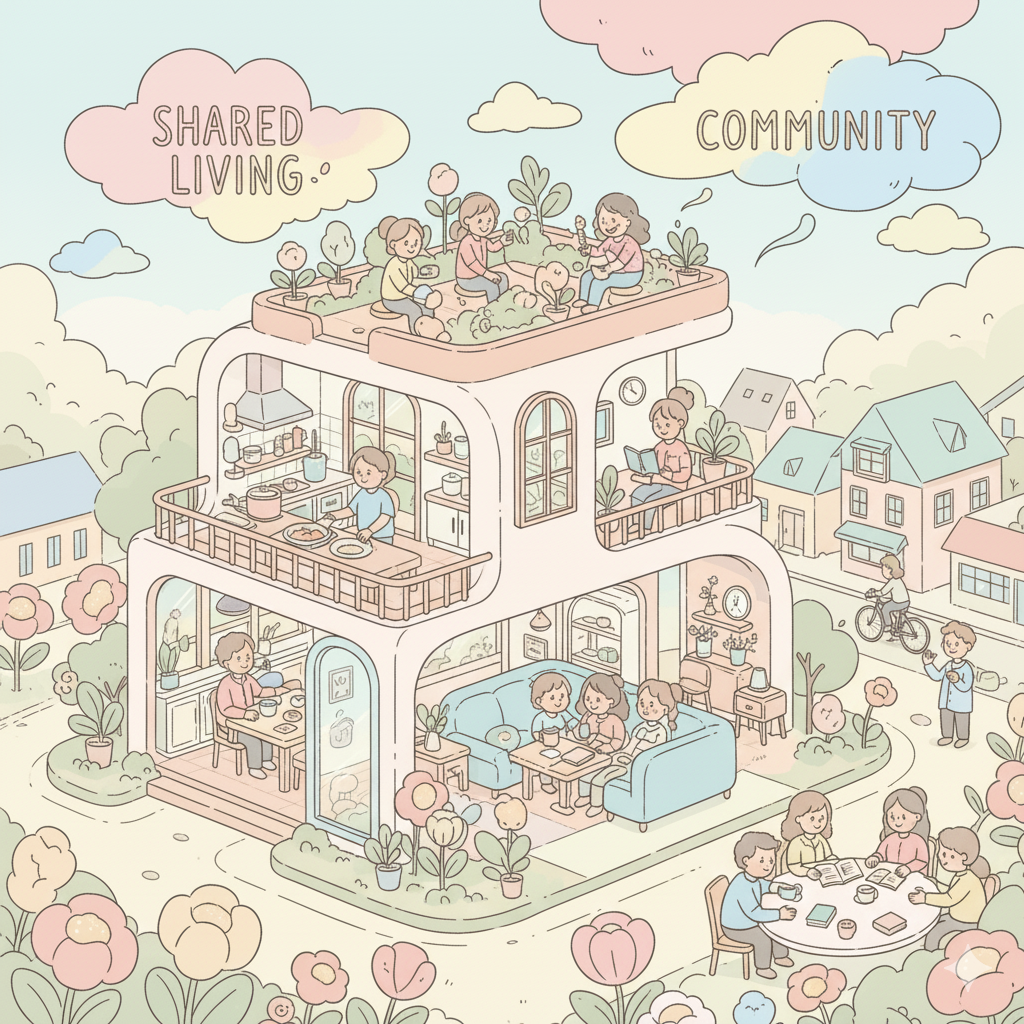 Illustration of people connecting and sharing a supportive living environment